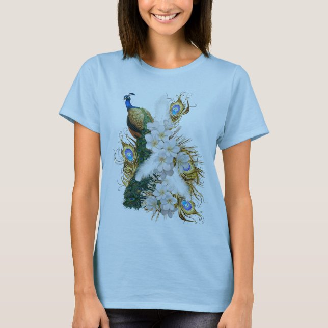 White and Blue-green Royal Peacocks T-Shirt (Front)