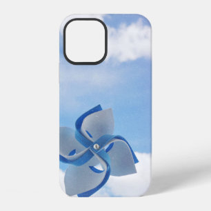 White and blue handheld windmill under cloudy skie iPhone 12 case