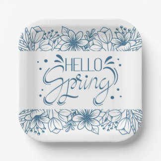 White and Blue Hello Spring Paper Plate