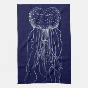 White and Blue Jellyfish Tea Towel