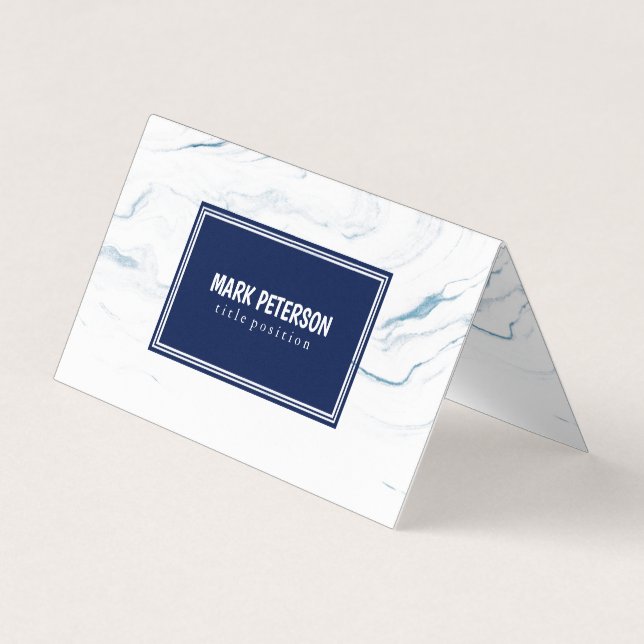 White And Blue Marble Stone Navy Blue Frame Business Card (Front)