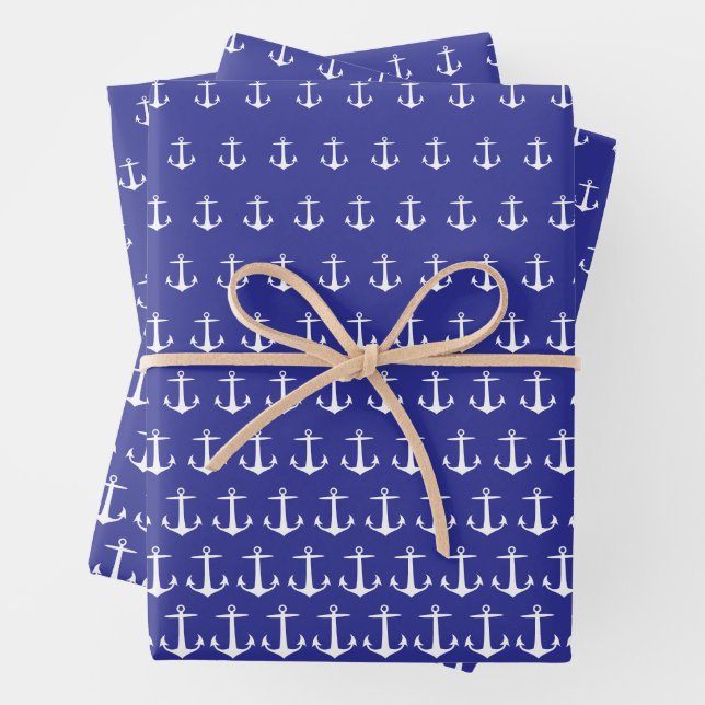 White and Blue Marine Anchor Pattern Custom Wrapping Paper Sheet (In situ)