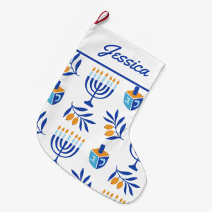 White and Blue Menorah & Dreidel Hanukkah Stocking