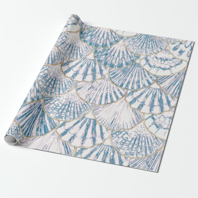 White and Blue Mermaid Scales Pattern  Wrapping Paper (Unrolled)