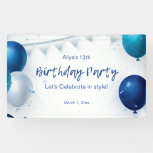 White and Blue Modern Birthday Party Banner