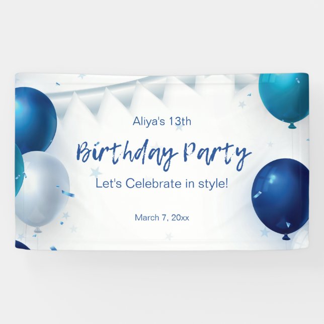 White and Blue Modern Birthday Party Banner (Horizontal)