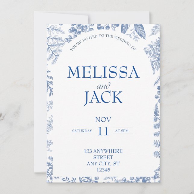 White and Blue Modern Floral Wedding Invitation  (Front)