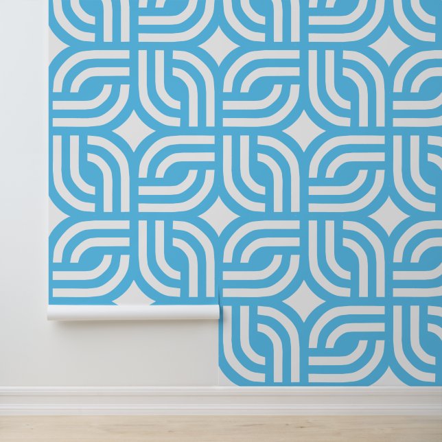 White and blue ornamental geometric tile wallpaper (Application)