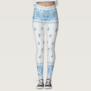 White and Blue Paisley Design Leggings