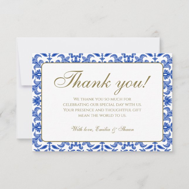 White and Blue Pattern Wedding Thank You Card (Front)