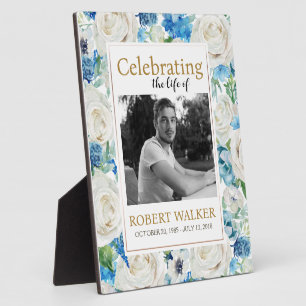  White and blue Photo Funeral Memorial Sign Plaque