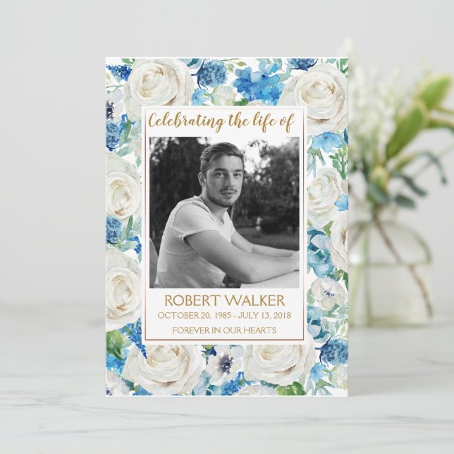 White and blue Photo Memorial Service Program Programme (Standing Front)