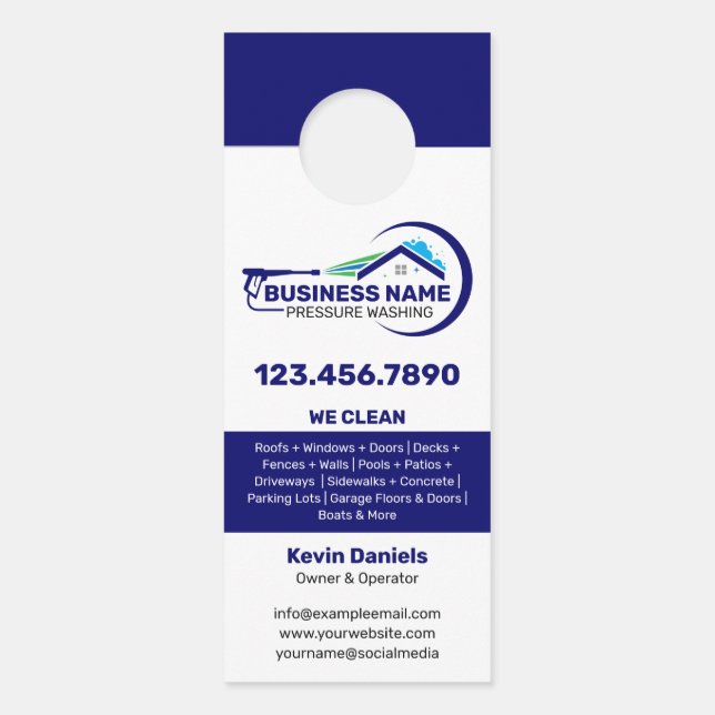 White and Blue Pressure Washing Services Door Hanger (Front)