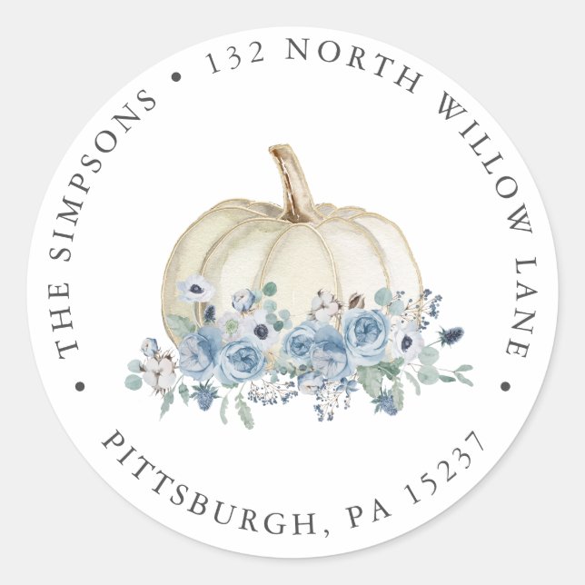 White and Blue Pumpkin Return Address Classic Round Sticker (Front)