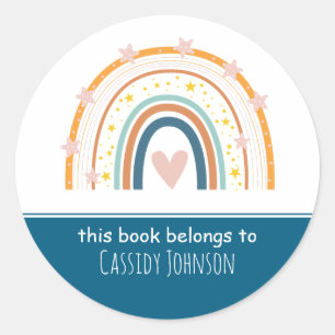 White and blue rainbow kids name  classic round sticker