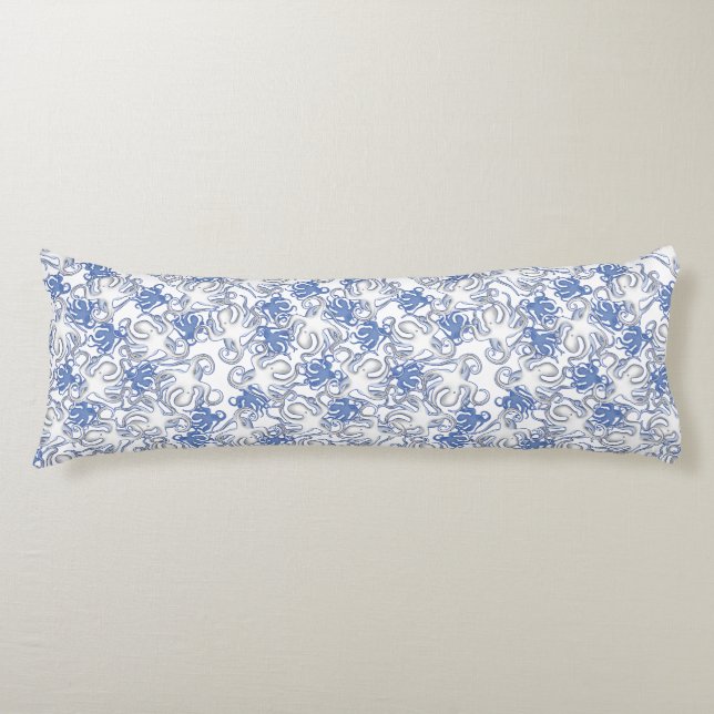 White And Blue Repeating Motif | Octopus Pattern Body Cushion (Front)
