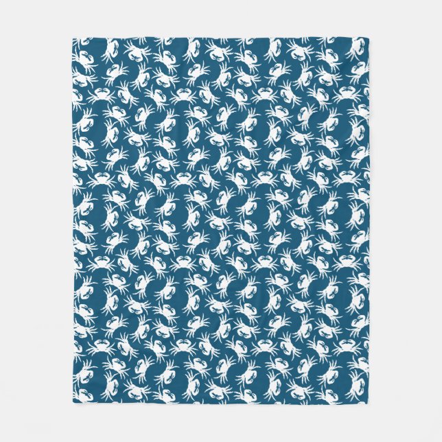 White and Blue Seamless Crab Pattern Fleece Blanket (Front)