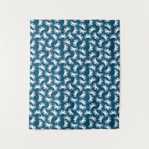White and Blue Seamless Crab Pattern Tapestry