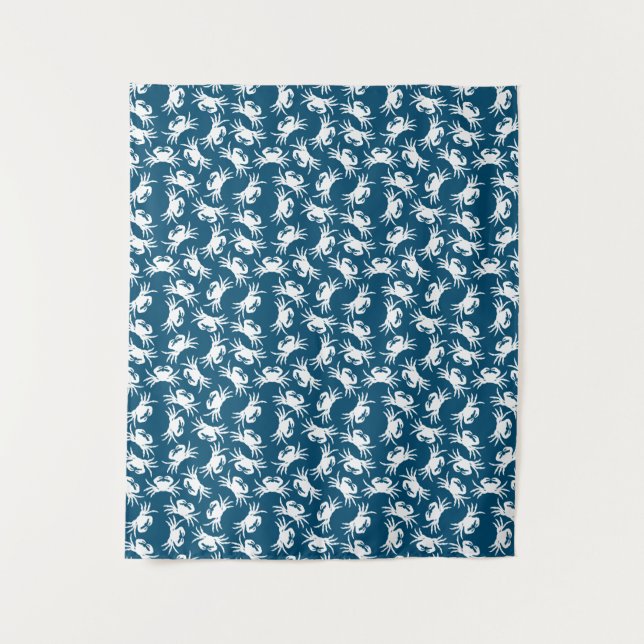 White and Blue Seamless Crab Pattern Tapestry (Front)