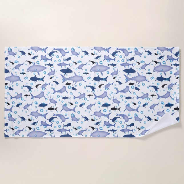 White and Blue Shark Silhouette Pattern Beach Towel (Front)