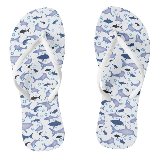 White and Blue Shark Silhouette Pattern Flip Flops (Footbed)