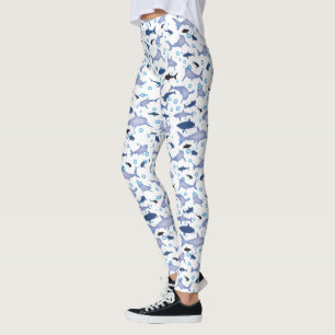 White and Blue Shark Silhouette Pattern Leggings