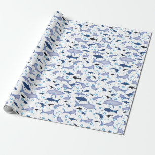 White and Blue Shark Silhouette Pattern Wrapping Paper