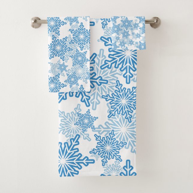White and Blue Snowflake Seamless Pattern Bath Towel Set (Insitu)