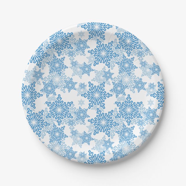 White and Blue Snowflake Seamless Pattern Paper Plate (Front)