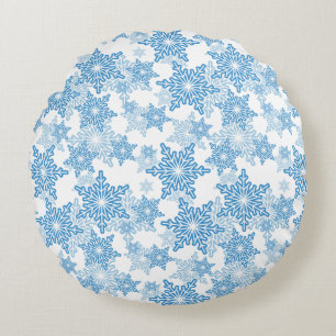 White and Blue Snowflake Seamless Pattern Round Cushion