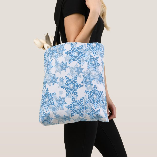 White and Blue Snowflake Seamless Pattern Tote Bag (Close Up)
