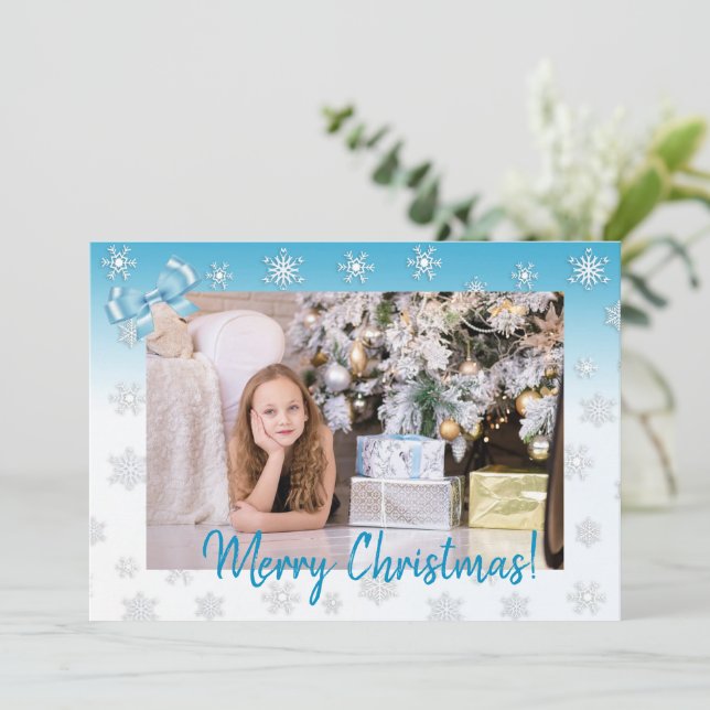 White and Blue Snowflakes Elegant Christmas Card (Standing Front)