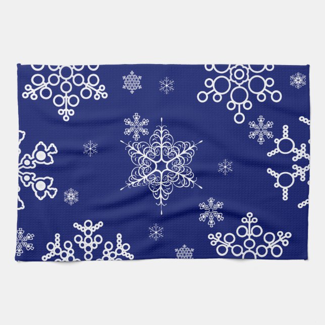 White and Blue Snowflakes Pattern Tea Towel (Horizontal)