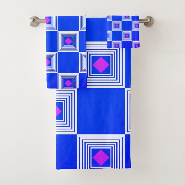 White and Blue Square Funnel Bath Towel Set (Insitu)