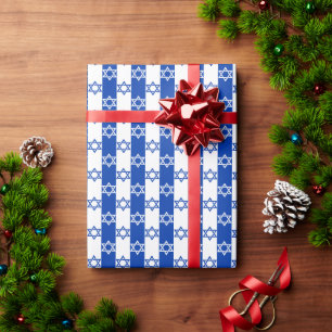 White and Blue Star of David Stripe Wrapping Paper