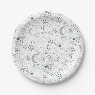 White And Blue Starry Moon Pattern Paper Plate