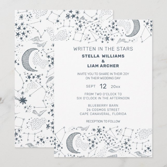White And Blue Starry Moon Pattern Wedding Invitation (Front/Back)