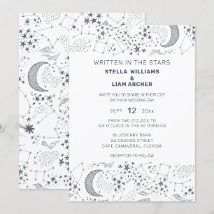 White And Blue Starry Moon Pattern Wedding Invitation