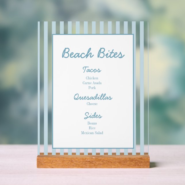 White and Blue Stripe Beach Club Cabana Beach Menu Acrylic Sign (Neutral)