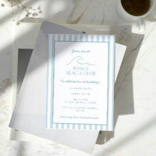 White and Blue Stripe Beach Club Cabana Birthday  Invitation