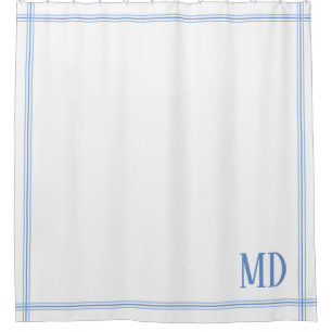 White and Blue Striped Custom Initials Shower Curtain