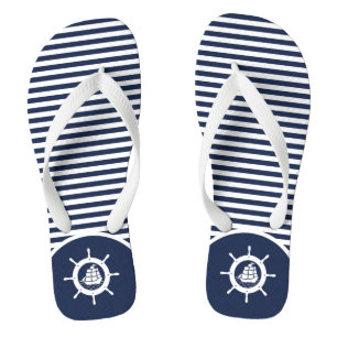 White And Blue Stripes & Nautical Boat Hweel Flip Flops