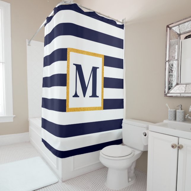 White and Blue Stripes Shower Curtain (In Situ)