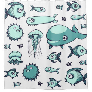 White and Blue & Teal Fish Drawing Shower Curtain