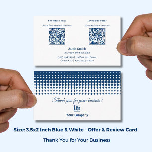 White and Blue - Thank You, Offer & Review Prompt Business Card