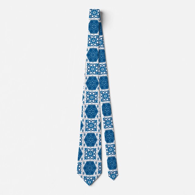 White and Blue Tiles Moroccan Style Tie (Front)