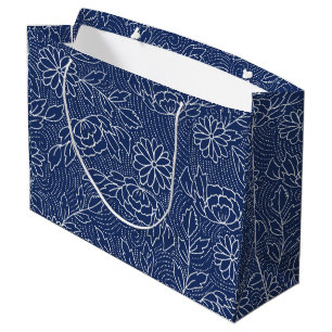 White and blue traditional Japanese flowers patter Large Gift Bag