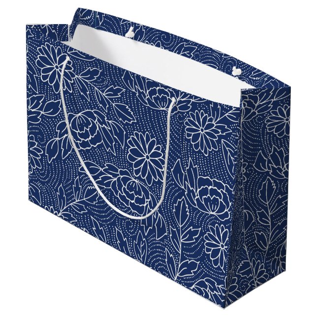 White and blue traditional Japanese flowers patter Large Gift Bag (Back Angled)