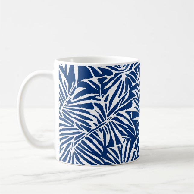 White And Blue Tropical Leaf Repeating Pattern Coffee Mug (Left)