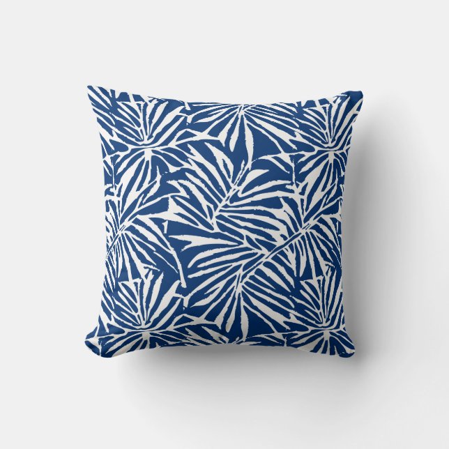 White And Blue Tropical Leaf Repeating Pattern Cushion (Front)